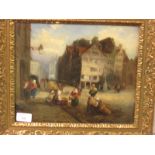 Dutch style town square scene with market, oil on canvas, perhaps indistinct monogram lower