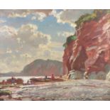 Sidmouth beach with figures, Chit Rocks, oil on board, initialled AEG lower right, (36.5cm x 44.5cm)