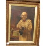 Man in smock brushing hat, oil on canvas, no signature, (47cm x 31.5cm), in a moulded gilt gesso