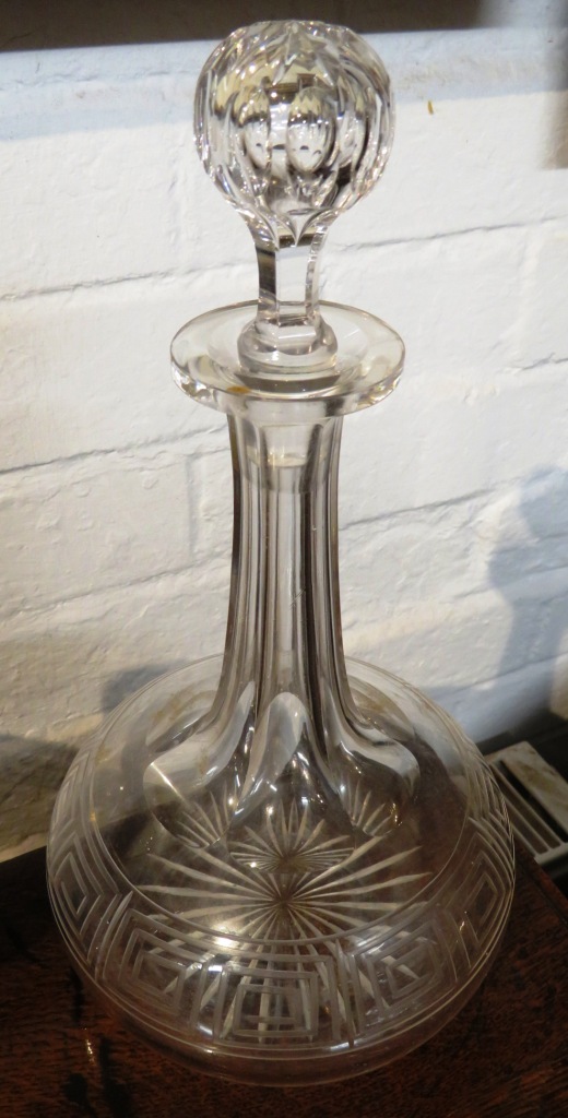 A suite of drinking glasses and a near pair of bottle shape decanters, all etched with key fret - Image 8 of 8