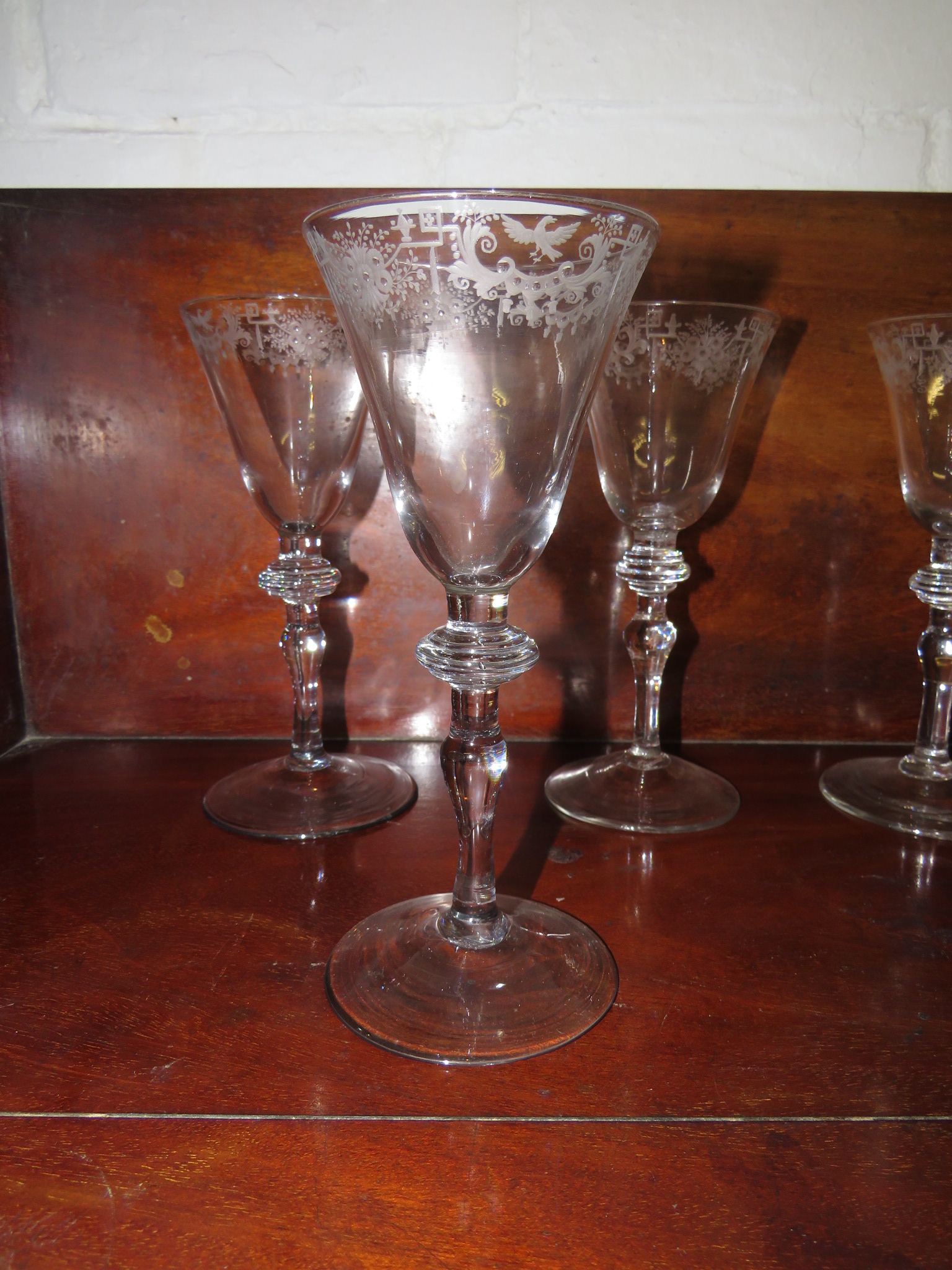 Six goblets with conical bowls etched towards the mouth with a border of geometric lines and - Image 2 of 3