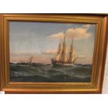 Three masted sailing ship on rough seas, oil on canvas, signed Carl Locher lower right, (33cm x