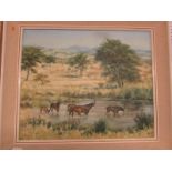 African landscape with sable antelope, oil on canvas, signed L de Burgh lower left, (49.5cm x 60cm),