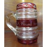 Hand blown glass tankard with inscription 'A Present from Crystal Palace', height 10.5cm