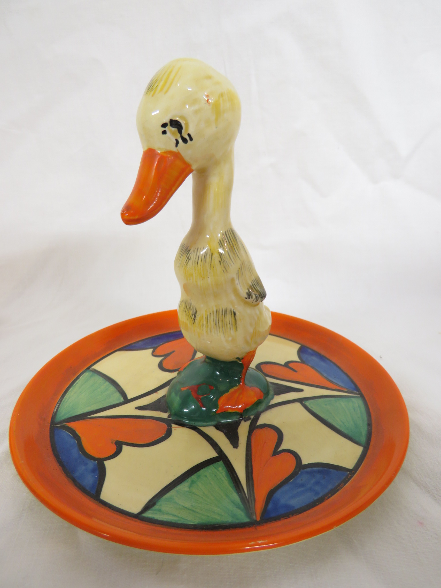 A Clarice Cliff Bizarre duck egg cruet, the stand with an orange border and stylized leaf pattern in - Image 3 of 5