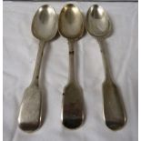 Three Victorian silver fiddleback dessert spoons engraved S to the terminals, of which two are