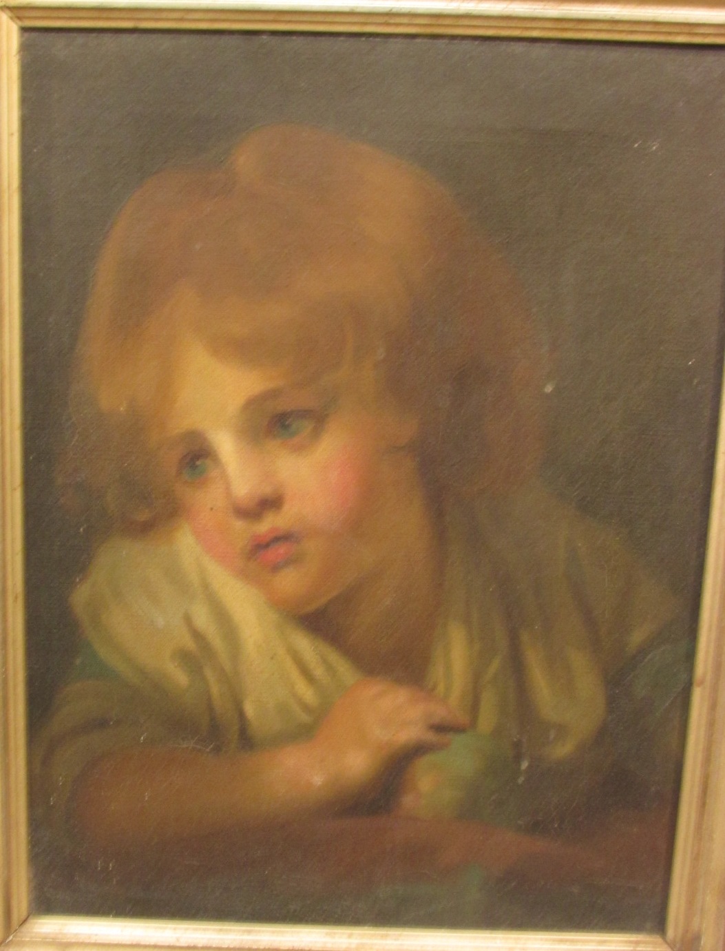 Portrait of girl holding apple, oil on canvas, no signature, (38.5cm x 29cm), framed