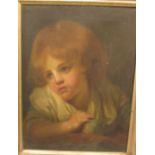 Portrait of girl holding apple, oil on canvas, no signature, (38.5cm x 29cm), framed