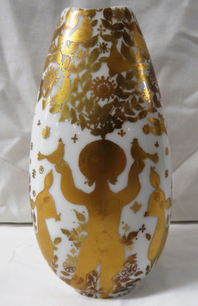 Rosenthal vase of flattened ovoid form, white porcelain gilded with man and woman amongst birds,