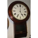 A Victorian mahogany and stained oak cased wall clock with hinged glass door pendulum aperture