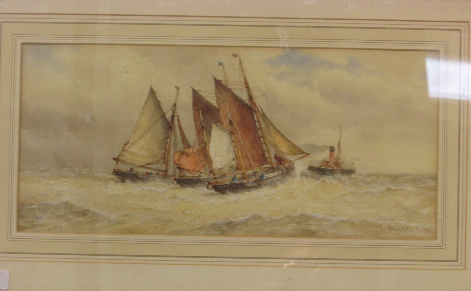 Trawlers and paddle steamer, watercolour, signed F J Aldridge lower right, (20.5cm x 45.5cm),