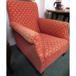 Late Victorian gentleman's deep club armchair in a red uncut upholstery with repeating foliate