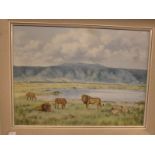African landscape with lions, oil on canvas, signed L de Burgh lower right, (55cm x 75cm), in a