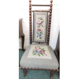 Victorian high back nursing chair with a beaded bobbin turned oak frame, turned front legs on