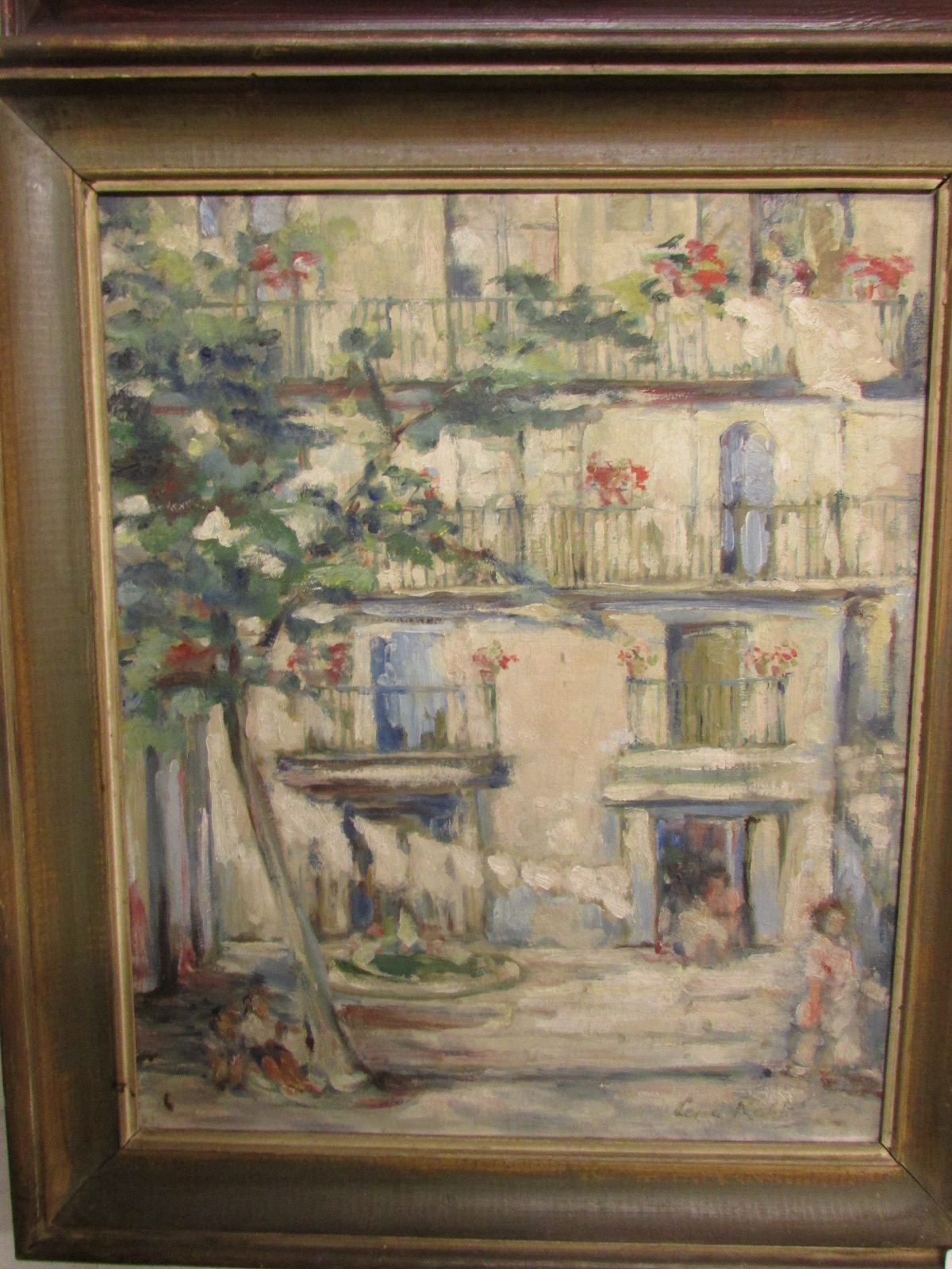 Balconied house with tree and figures, oil on canvas, signed Lena Robb lower right, (55cm x 45.5cm),