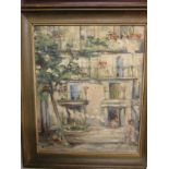 Balconied house with tree and figures, oil on canvas, signed Lena Robb lower right, (55cm x 45.5cm),
