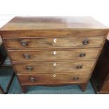 19th century mahogany veneered chest of four graduated drawers with swept feet, replacement ring