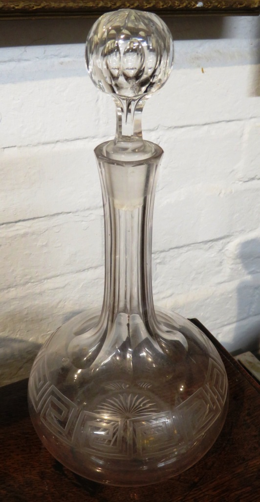 A suite of drinking glasses and a near pair of bottle shape decanters, all etched with key fret - Image 7 of 8