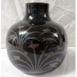 Royal Copenhagen ovoid porcelain vase in a near black glaze with metallic decoration of birds