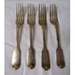 Four Victorian silver fiddleback dessert forks engraved S to the terminals, marks for London,