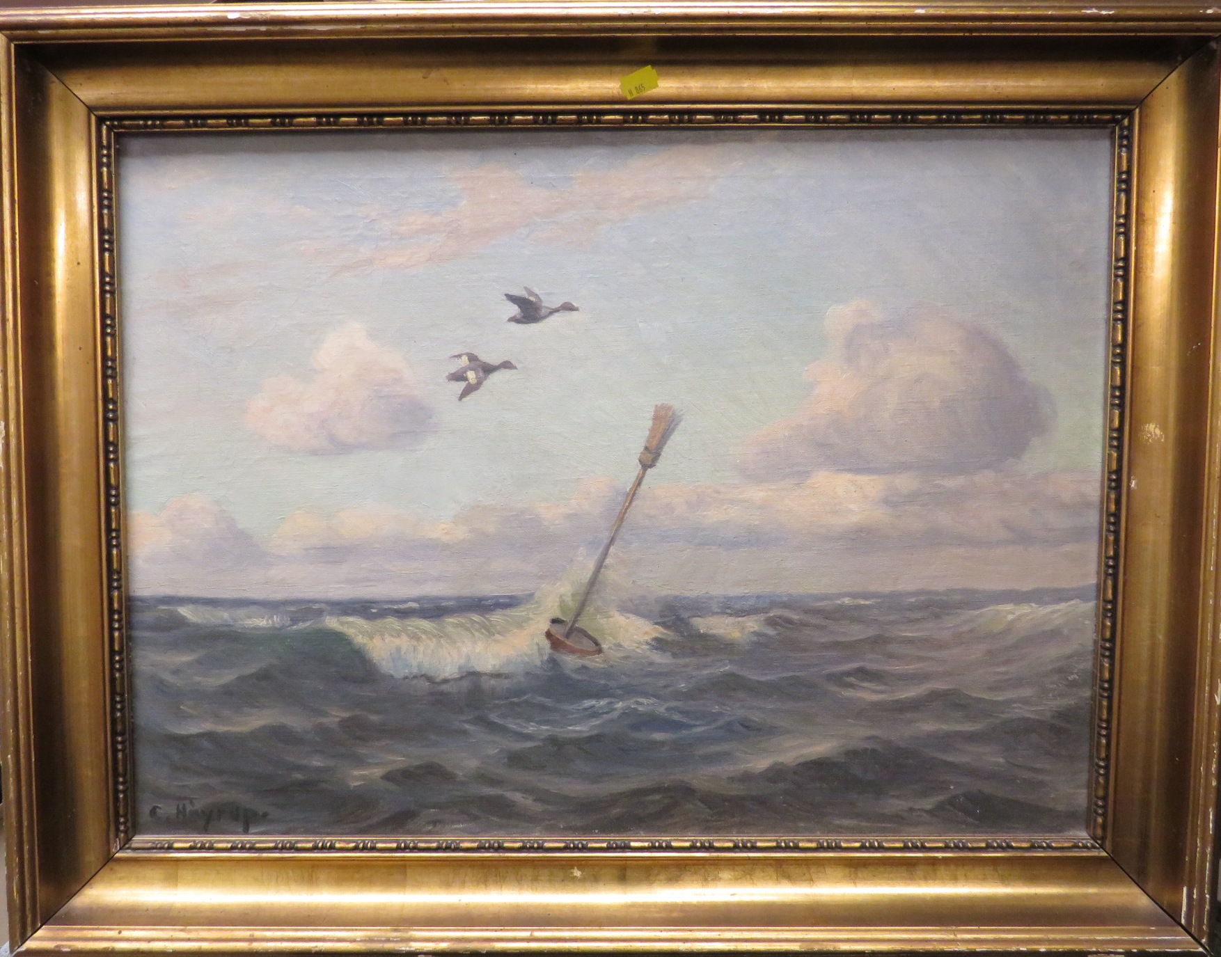 Choppy sea with broom buoy and two ducks in flight, oil on canvas, (46cm x 64cm) signed C. HOYRUP. - Image 2 of 5