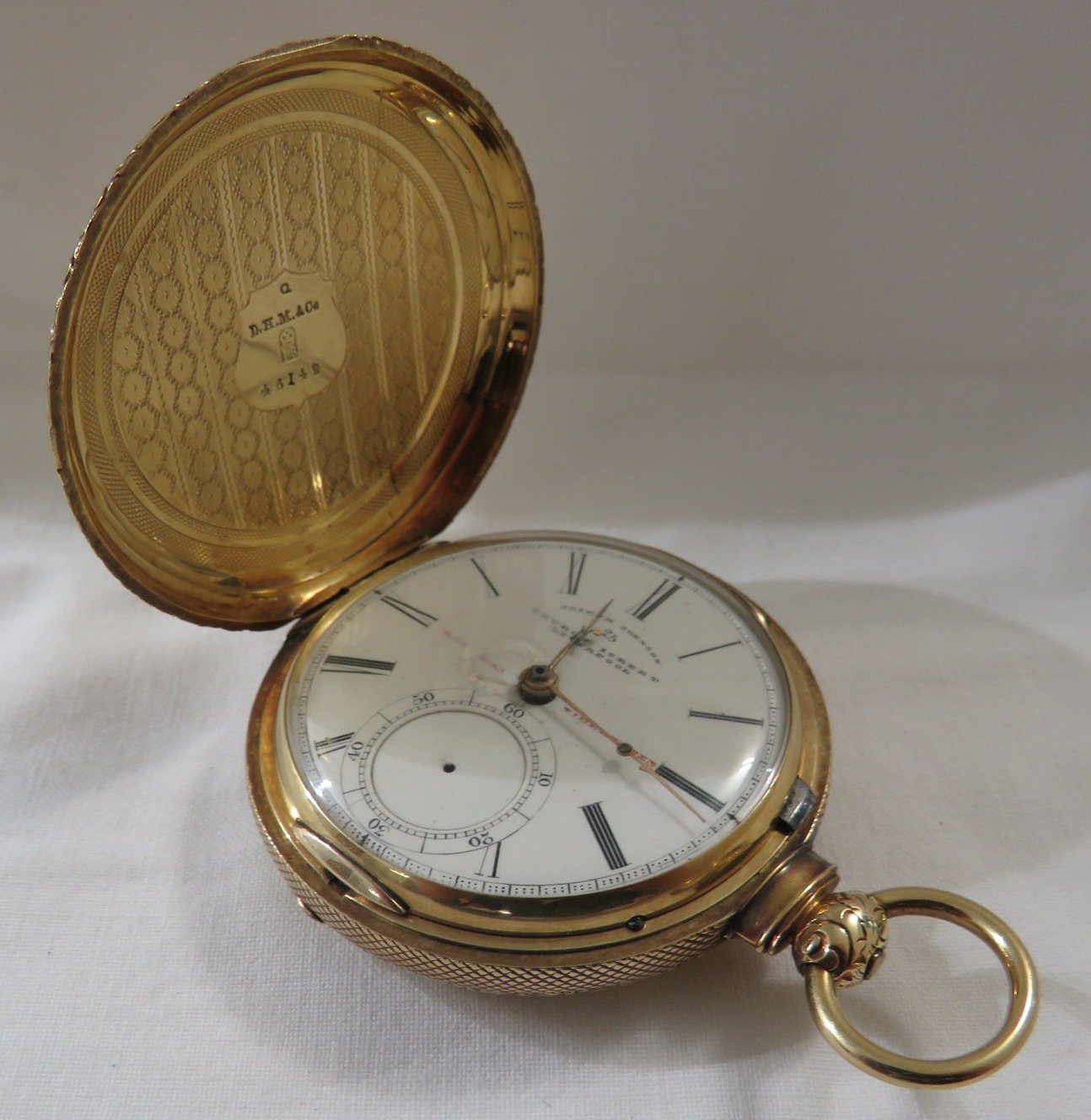 Railway Timekeeper gold hunter pocket watch, key winding, white enamel dial (diameter 4.5cm)