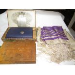 1872 Victorian silver shilling etched with Hebrew to obverse; a silk scarf or prayer shawl with