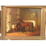 Two horses in stable, oil on panel, signed and dated Liss 86 lower right (see illustrating