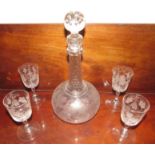 Four 19th century wine glasses, the bowls etched with vines, the stem with bulb above the foot and