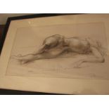 Reclining nude woman, conte crayon and chalk, indistinct signature lower right (perhaps F.