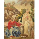 19th century needlework Jesus at the well of Samaria, framed and glazed, 61cm x 46cm