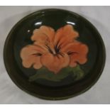 Moorcroft pottery hibiscus bowl, green ground with pink flower, height 5cm, diameter 14cm, the