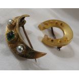 A yellow metal horseshoe brooch, the back engraved R.A.L.H 1906 (2.4cm x 2.1cm) (3.7g); and a gold