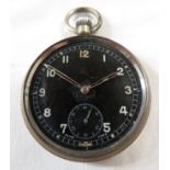 An army pocket watch in a steel case, serial no. P3647 GS/TP XX, with black dial