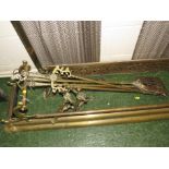 Brass fire items - a kerb (140cm), a guard with curtain-pull mesh screen (height 79cm width 98cm), a