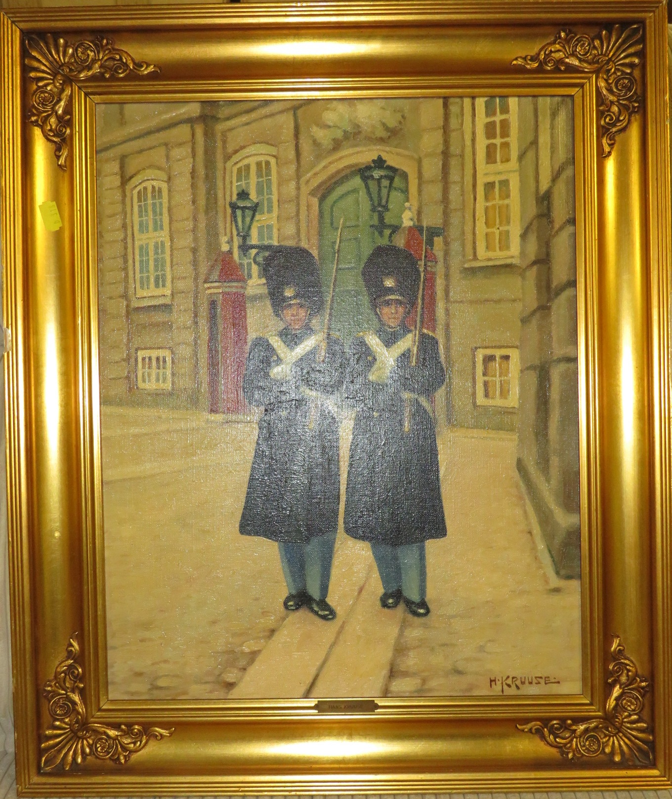 Two sentries, oil on canvas, signed lower right (48.5cm x 38.5cm), in a gilt frame with brass plaque