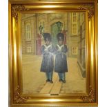 Two sentries, oil on canvas, signed lower right (48.5cm x 38.5cm), in a gilt frame with brass plaque