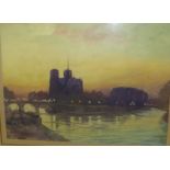 Notre Dame cathedral in twilight, watercolour, signed Arthur J Black lower right, (26cm x 37cm) in a