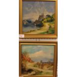 Two oil on board landscapes - bridge with mountain beyond, and castle on cliff by coast, each 22cm x