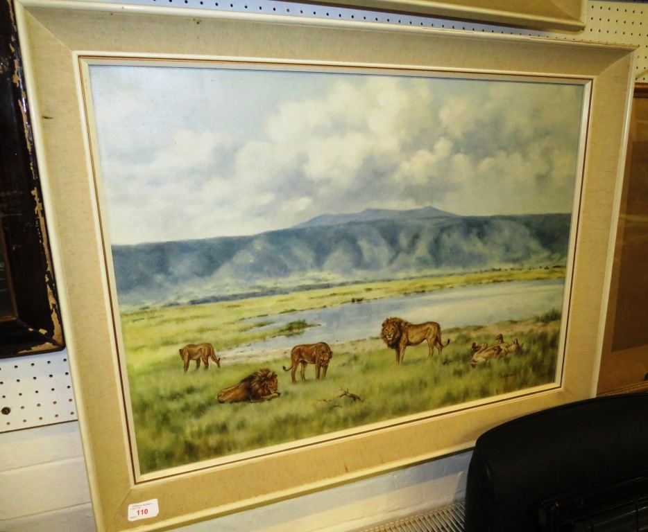 African landscape with lions, oil on canvas, signed L de Burgh lower right, (55cm x 75cm), in a