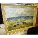 African landscape with lions, oil on canvas, signed L de Burgh lower right, (55cm x 75cm), in a