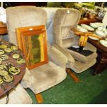 PAIR OF PALE BROWN UPHOLSTERED RECLINING SWIVEL ARMCHAIRS WITH MATCHING FOOTSTOOLS