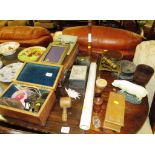 SELECTION OF VINTAGE ITEMS INCLUDING BRASS TRIVETS, CARVED WOODEN CHALICE, SMALL LEATHER TRAVEL