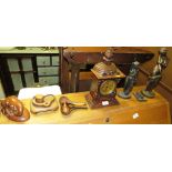 MAHOGANY CASED CHIMING MANTLE CLOCK, TOBACCO PIPE IN LEATHER CASE, CARVED WOOD INK STAND, DECORATIVE