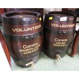 PAIR OF STEEL BANDED OAK BARRELS WITH TAPS, WITH PRINTED LETTERING 'VOLUNTEER'