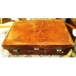 VINTAGE LEATHER SUITCASE WITH BRASS LATCHES AND INITIALS TO TOP