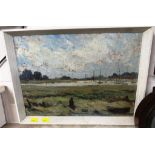 OIL ON BOARD OF BOATS ON RIVER AND MARSHLAND SIGNED 'CHARLES THARL 1949' LOWER LEFT