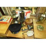 SELECTION OF VINTAGE ITEMS INCLUDING OIL LAMPS, NAVAL HAT, MINCER, LEATHER COLLAR BOX, ETC