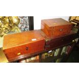 MAHOGANY WRITING SLOPE, MAHOGANY VENEERED AND INLAID BOX AND ONE OTHER MAHOGANY BOX