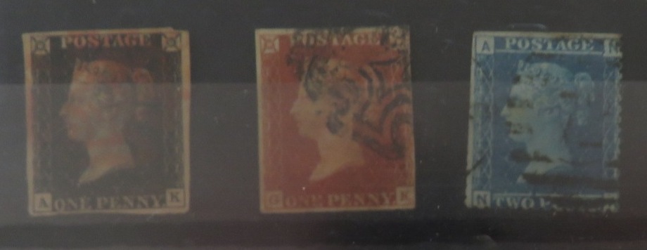 A Victorian one penny black stamp cyphers 'A' and 'K', a Victorian one penny red stamp cyphers 'G'